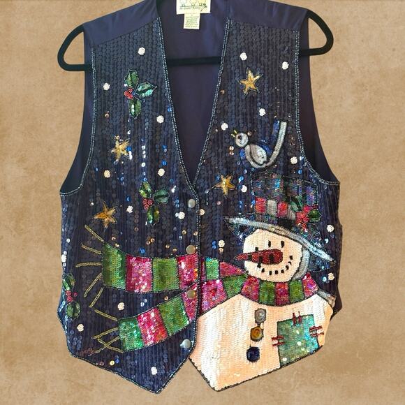The Quacker Factory Sequin Snowman Vest Large Holiday Christmas - Picture 1 of 9